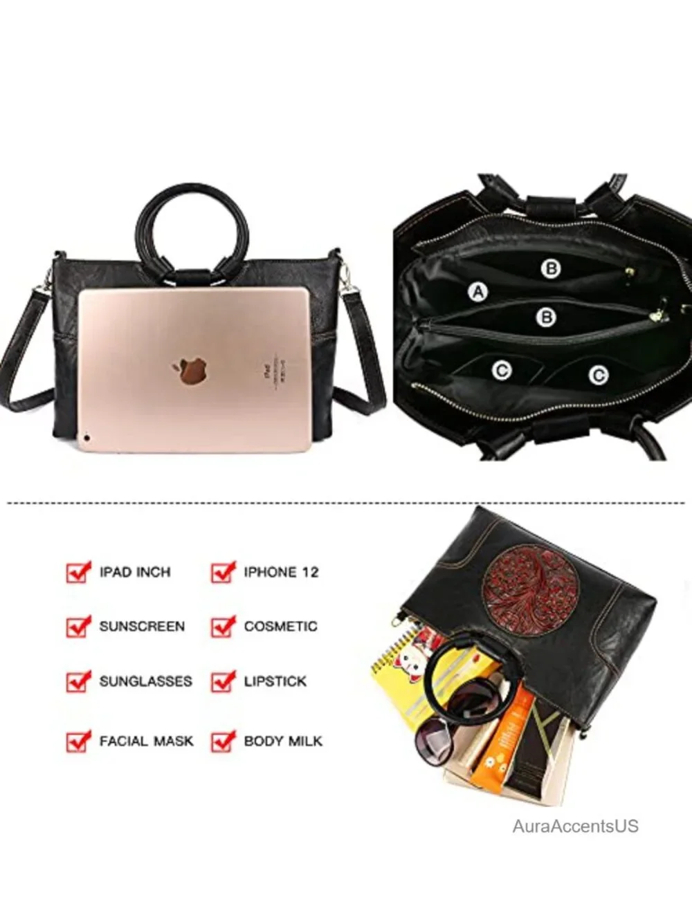 Vintage PU Leather Satchel Top-Handle Tote Bag with Detachable Strap for Women